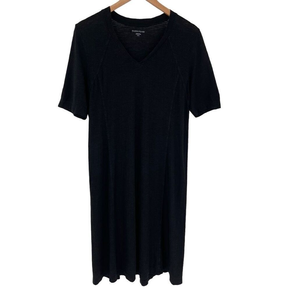 Eileen Fisher Black Hemp‎ Cotton Blend T-Shirt Midi Shift Dress Women Medium